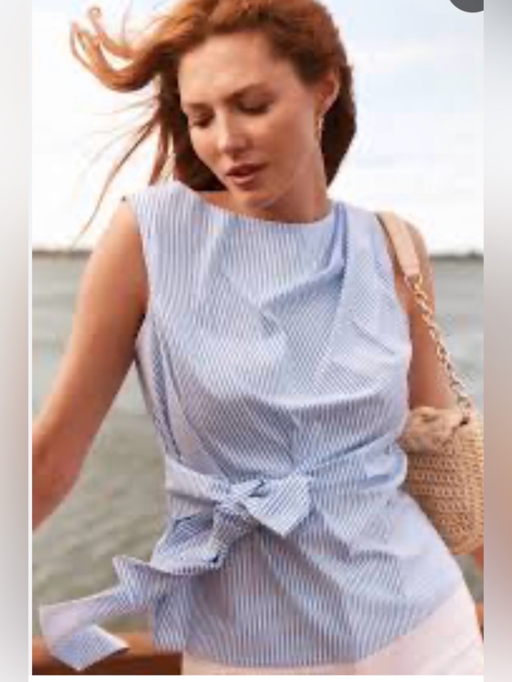 Renuar Striped Crisp Cotton Sleeveless Tie Top in Light Blue